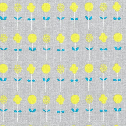 Tessuto cotone americano a disegni fiori gialli su sfondo grigio